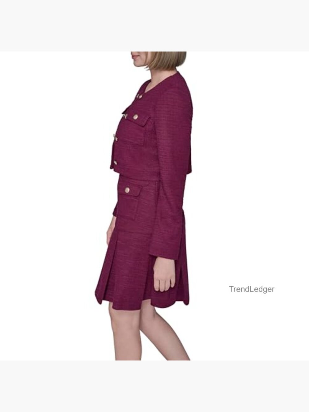 Tweed Cropped Blazer with Pockets Long Sleeve Stretch Texture - Picture 3 of 5
